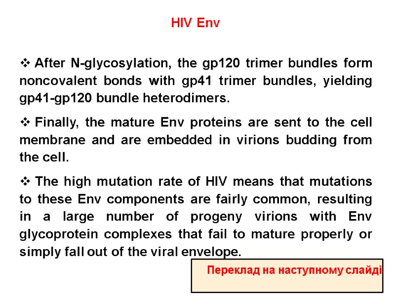 HIV Env   After N-glycosylation, the gp120 trimer bundles form noncovalent bonds with